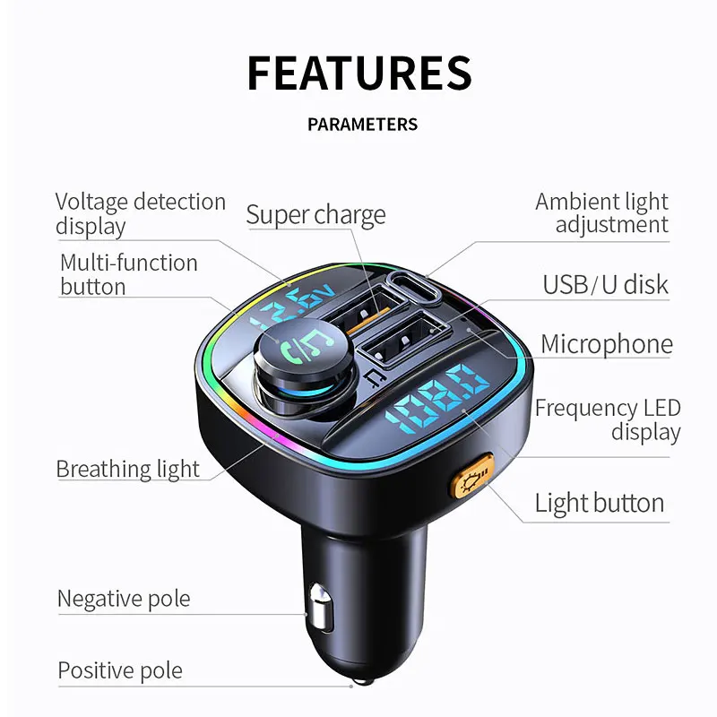 FM Transmitter Car MP3 Player Car Radio Modulator MP3 Player Bluetooth 5.0 FM Transmitter Hands-Free USB Super Fast Charging Cigarette Lighter
