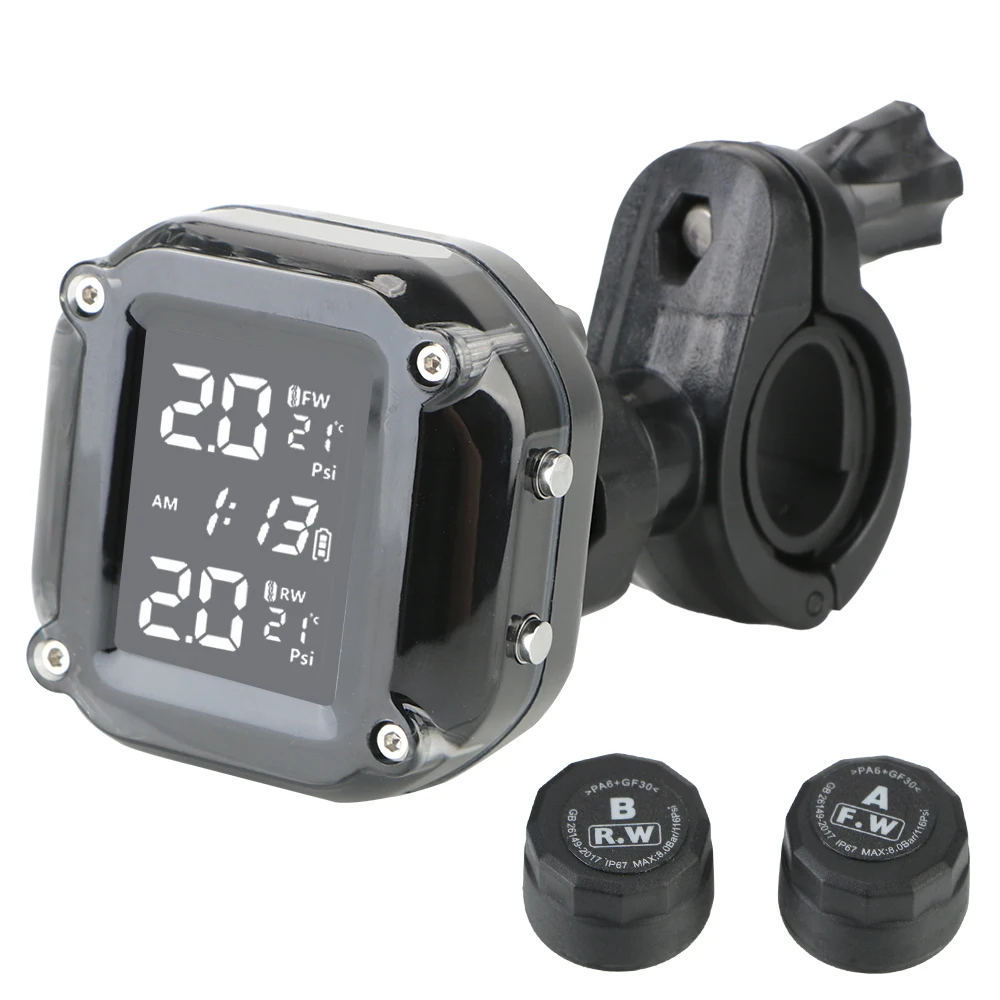 Motorcycle TPMS Tire Pressure Monitoring System With 2 External Sensors LCD Display Motorbike Tyre Temperature Alarm