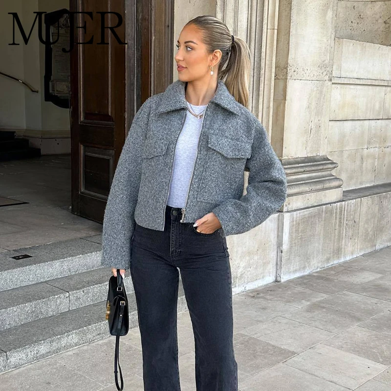 MUJER Cropped Tweed Jacket Women Zipper Bomber Jackets for