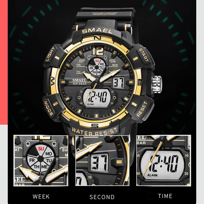 Smael Sport Watch Men's Quartz Movement Digital Led Back Light Stopwatch Alarm Watches For Male Military Dual Time Wristwatch, Alina Gadgets