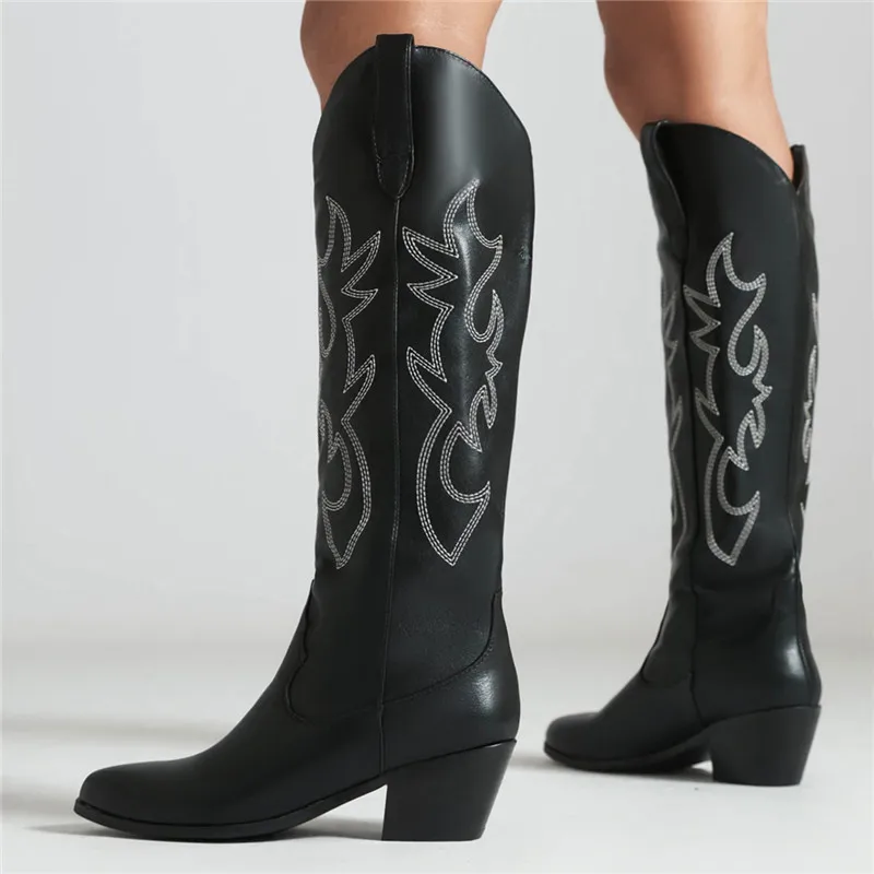 

Size 34-46 New Fashion Microfiber Embroider Knee High Boots Pointed Toe Slip On Autumn Boots Square High Heels Western Boots
