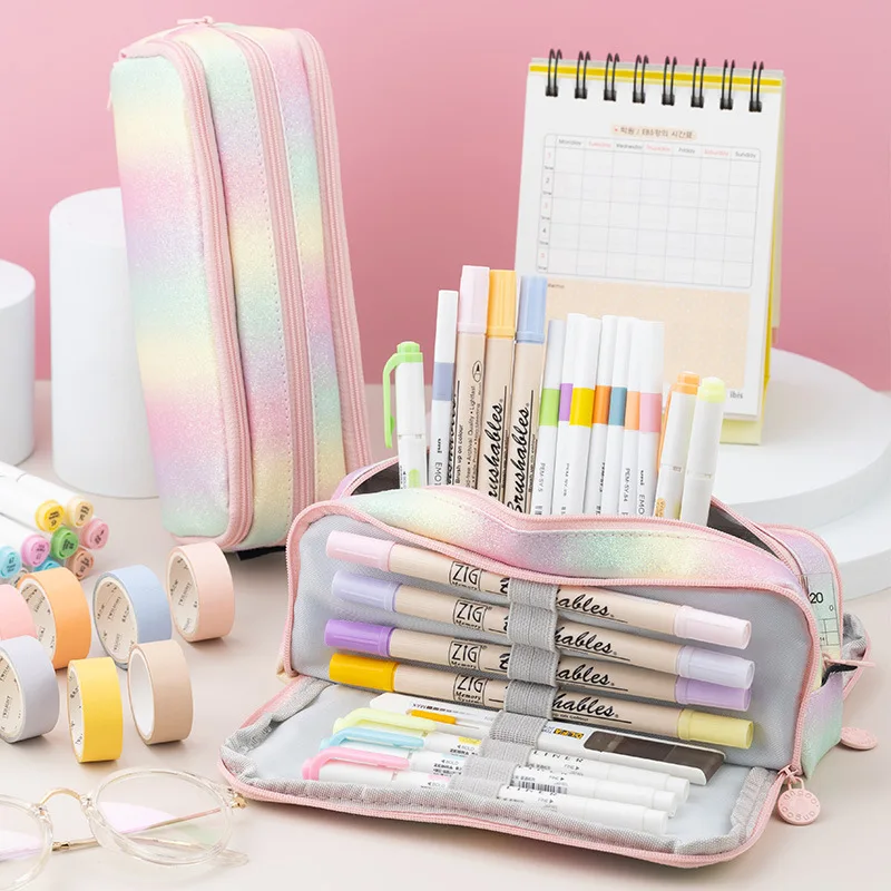 Kawaii Rainbow Pencil Case for Girls School Pencilcase Large Capacity Stationery Organizer Pen Box Three Zipper Pouch Office Bag