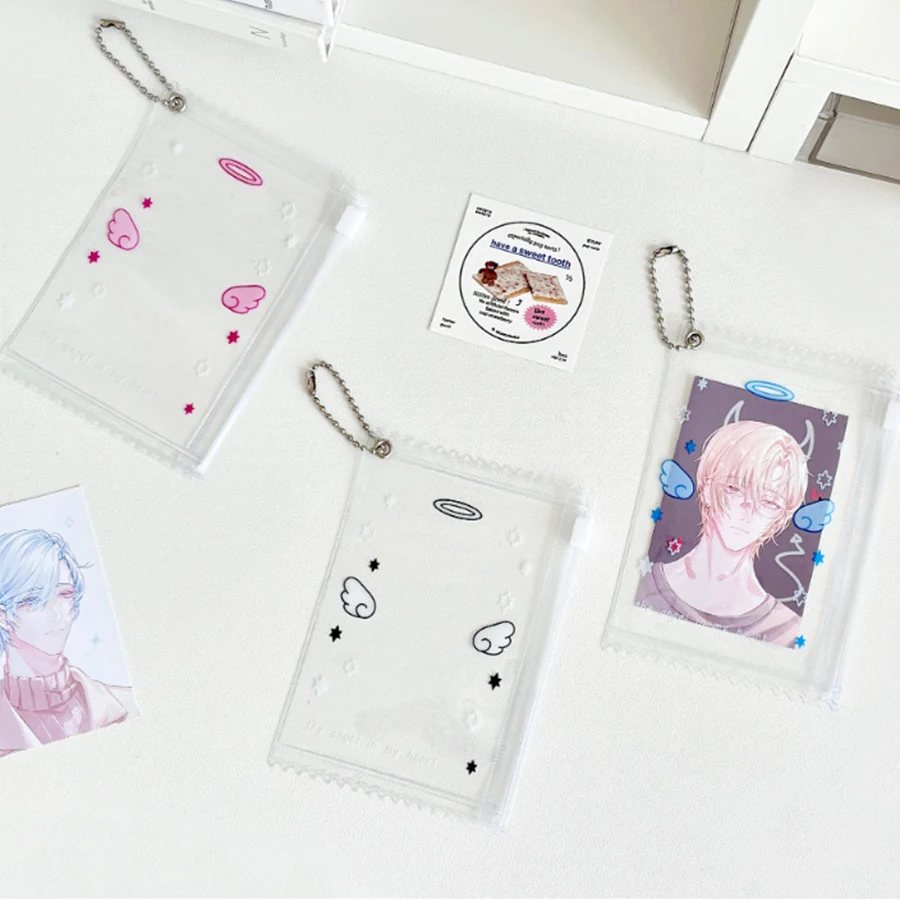 Kpop Photocard Holder with Keychain Y2K Kawaii Angel wings Photo Card Sleeves ID Badge Holder Card Protector 3