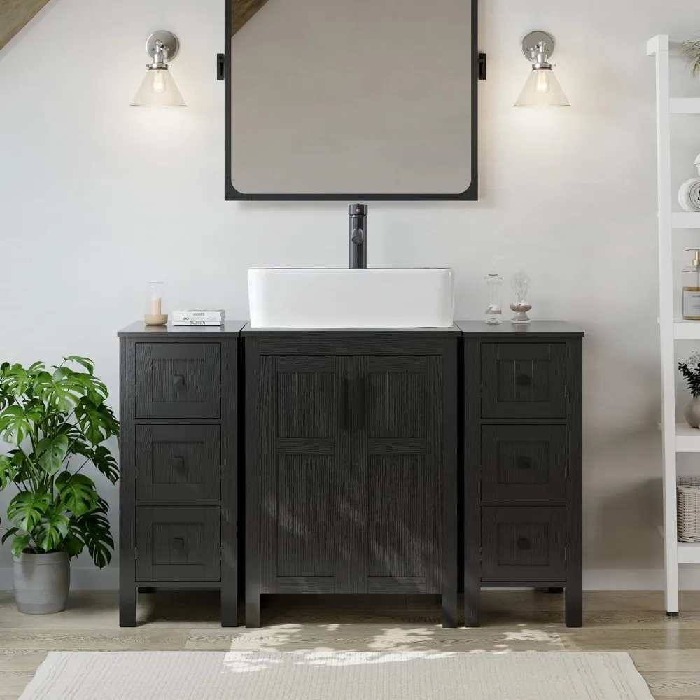 Black 48" Bathroom Vanity with Sink Combo,Modern Sink Cabinet,Bathroom Vanity Cabinet,3 Drawers Cabinet,Grooved Doors 2