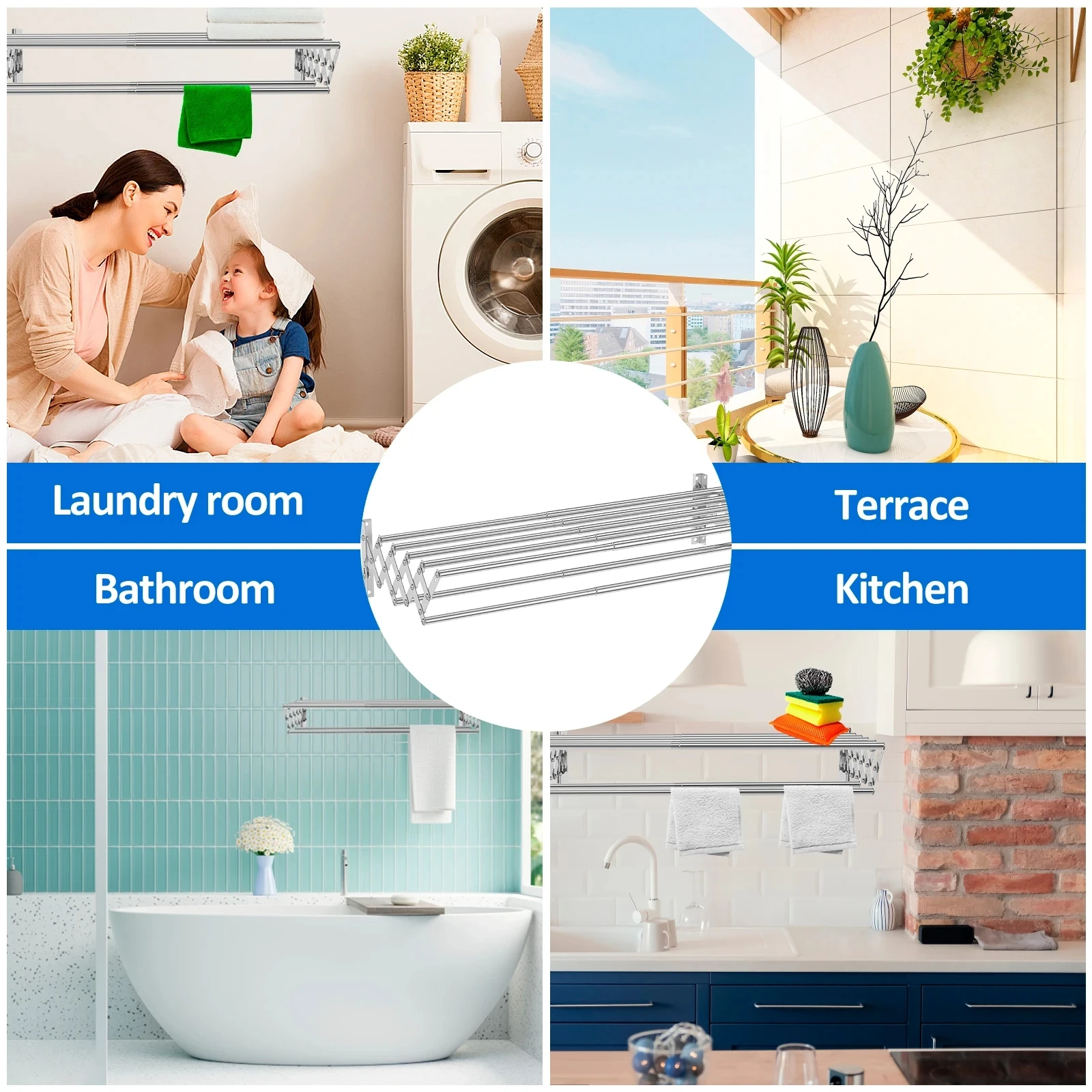 Stainless Steel Wall Mounted Clothes Drying Rack Accordion Retractable Drying Rack Towel Clothes Horse For Balcony Bathroom 5