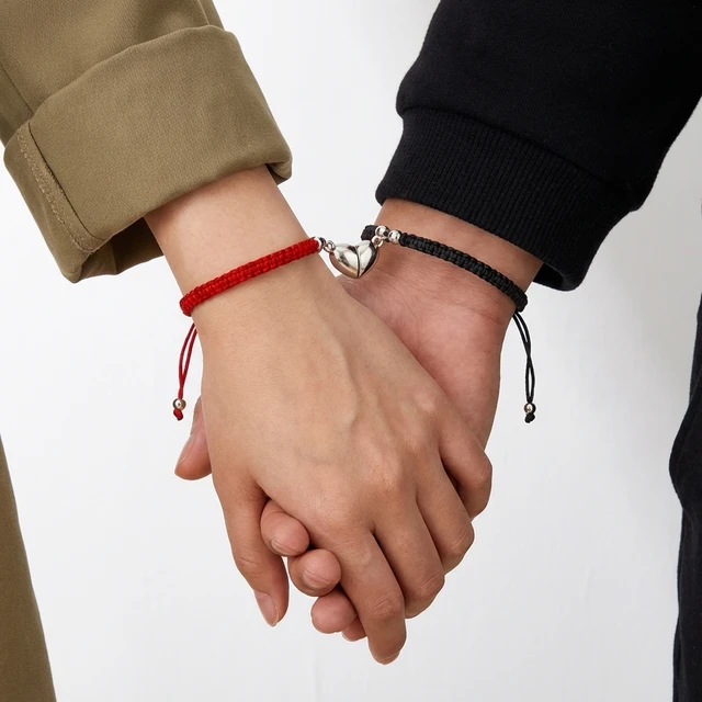 Bracelet porte-bonheur en corde tressée rouge, 2 pièces, pour femmes et hommes, cœur romantique, magnétique, assorti, bijoux pour amoureux de la saint-valentin