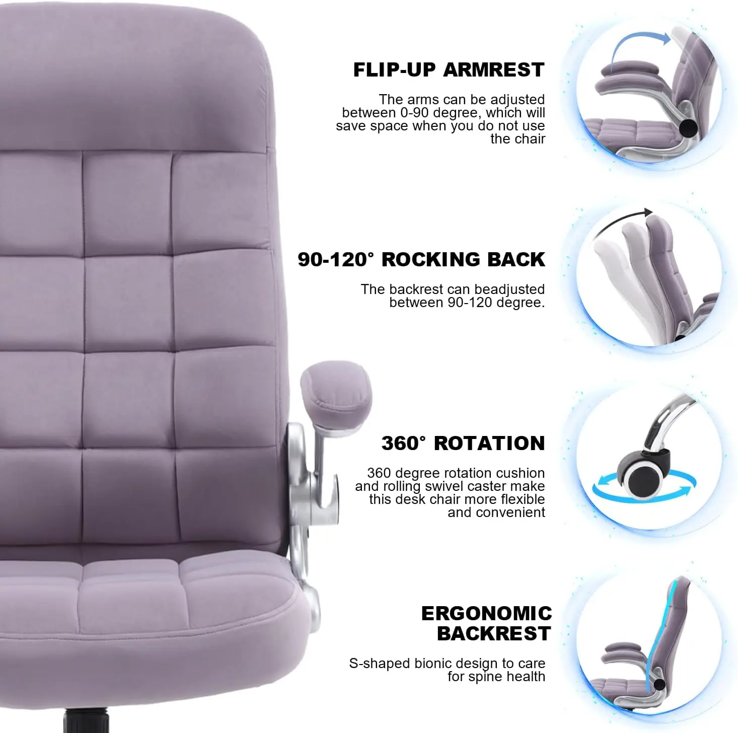 High Back Fabric Office Chair Purple, Velvet Executive Desk Chair With Flip-Up Arms, Ergonomic Office Chairs With Lumbar 4