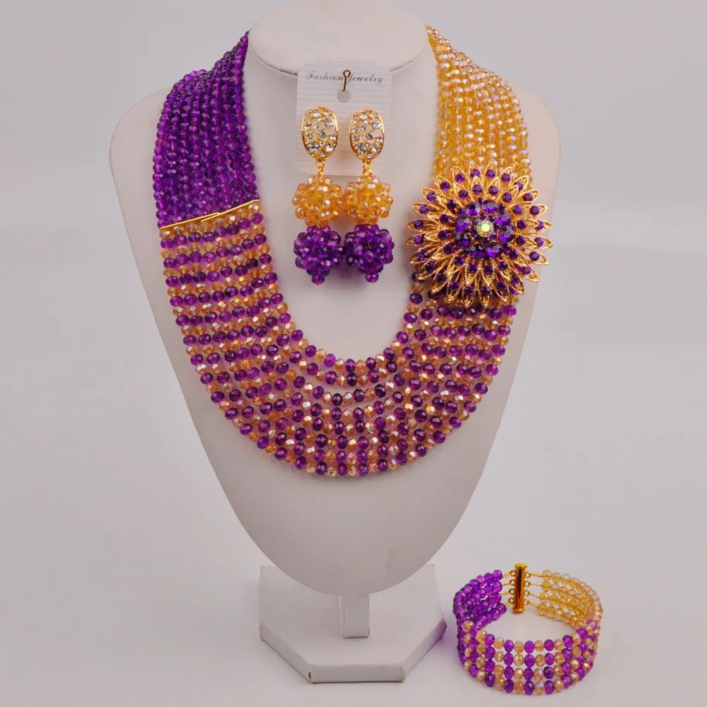 

Purple and Champagne Gold AB African Beads Jewelry Set Crystal Costume Necklace Bride Jewelry Set