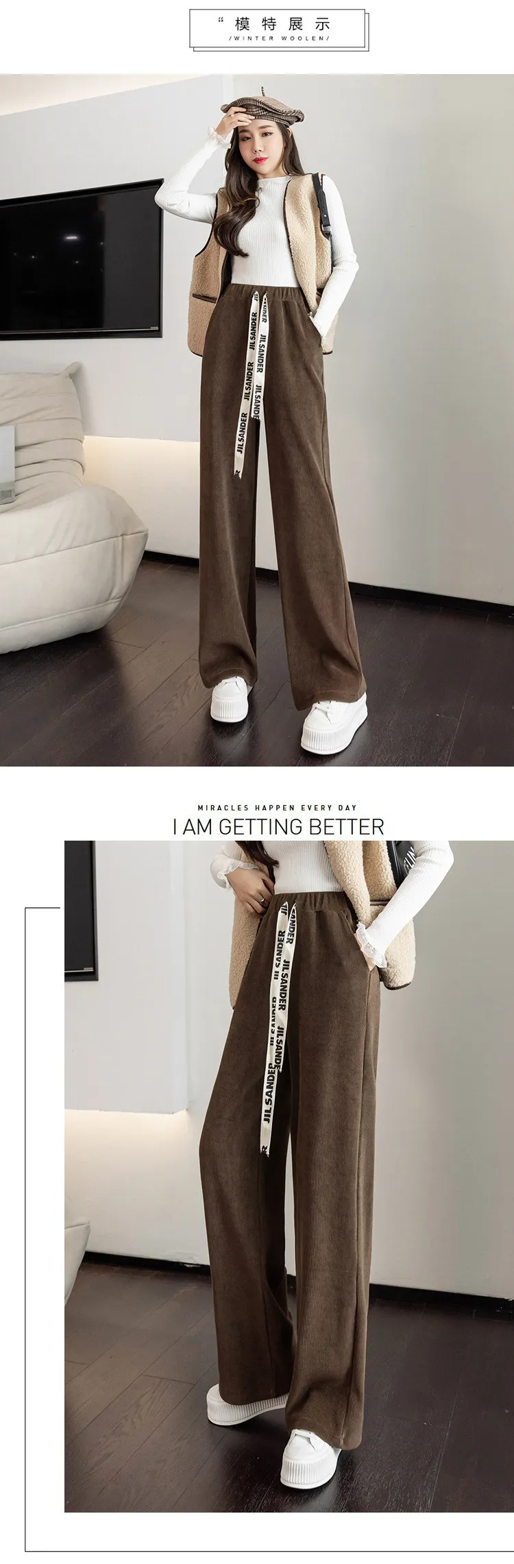 capri clothing 2022 Winter Cotton Plus Velvet Warm Pant Women Fashion Print Drawstring Waist Wide Leg Pants High Waist Long Trousers JD2289 capri trousers