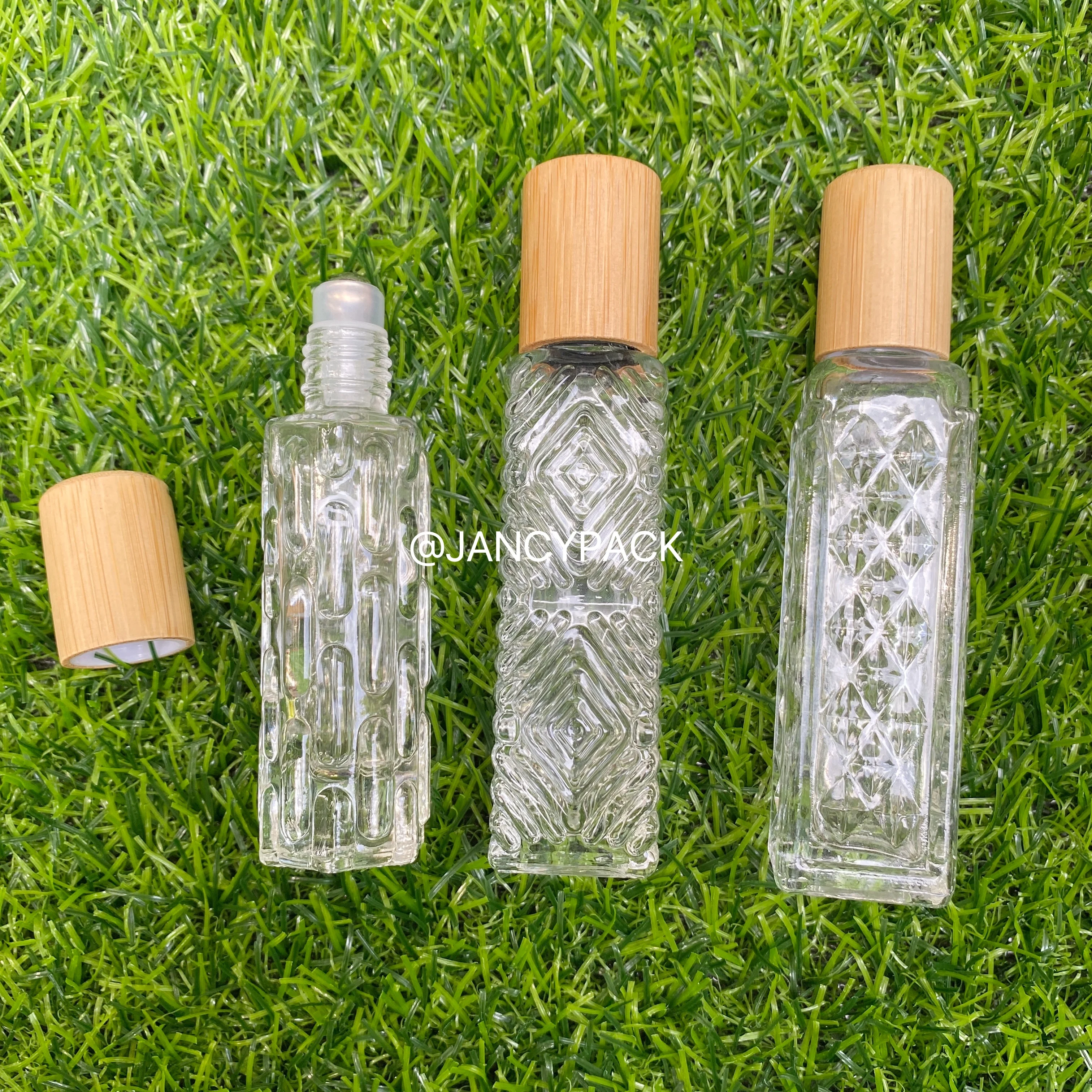

10ml Empty Square Clear Glass Perfume Roll On Eye Cream Bottle Steel Roller Bamboo Wood Lid i Glass Rollerball Bottles