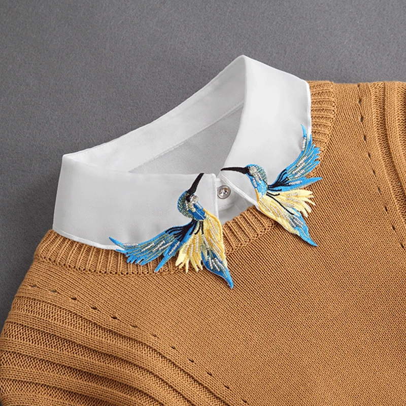 

Women Embroidery Bird Pattern Shirt Fake Collar Removable White Sweater False Collar Lapel Shirt Blouse Detachable Collars