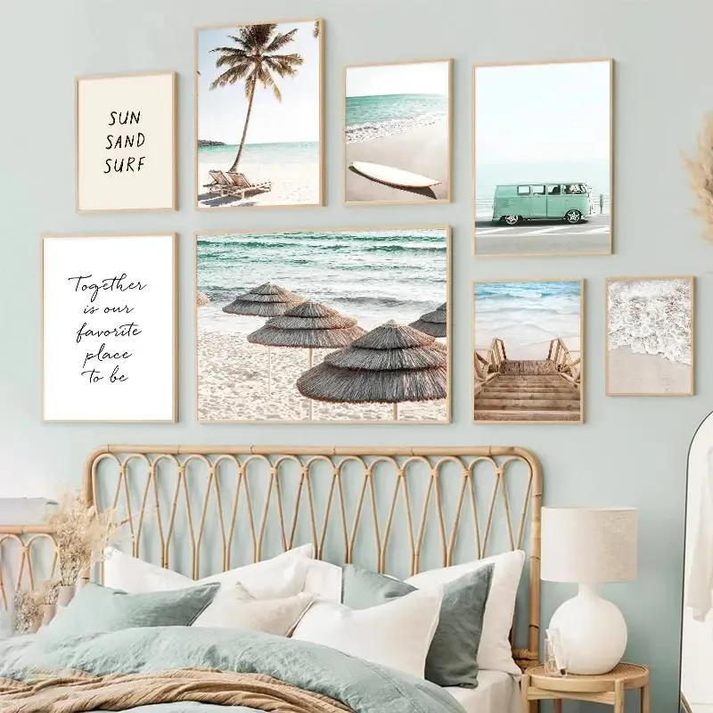 

Плакат с тропическими морскими волнами, мостом кокосового дерева, грузовиком, Картина на холсте в скандинавском стиле для гостиной, настенные картины для домашнего декора