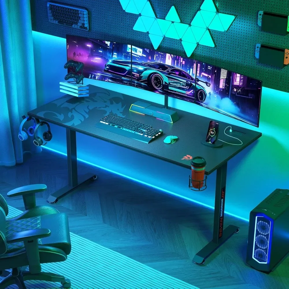 "55" t-shaped carbon fiber gaming desk with integrated mouse pad, headphone holder, and usb storage rack