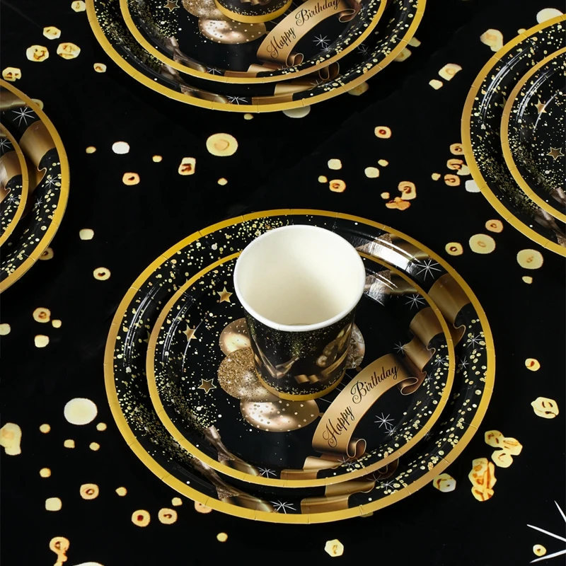 Description Picture 5 of itemBlack gold Party Disposable Tableware Set Paper Cups Plates Straws Cake Stand Table Decoration Adult Birthday Party Supplies