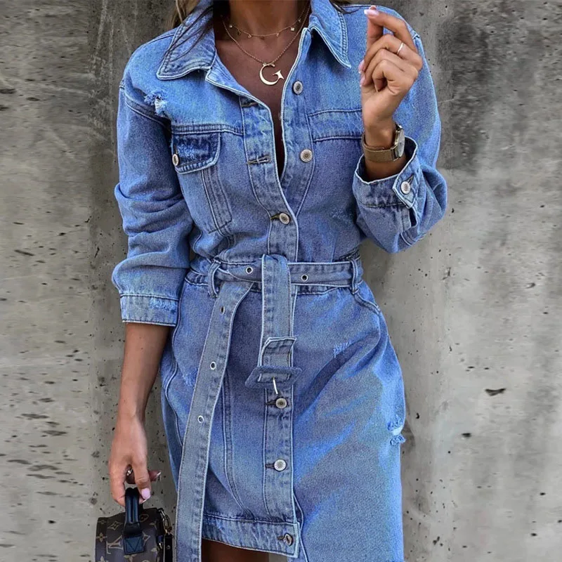 Vintage Denim Dress 2023 Spring Autumn Women Elegant Long Sleeve Lapel Slim  Casual French Style Shirt Maxi Dresses Girl 2821