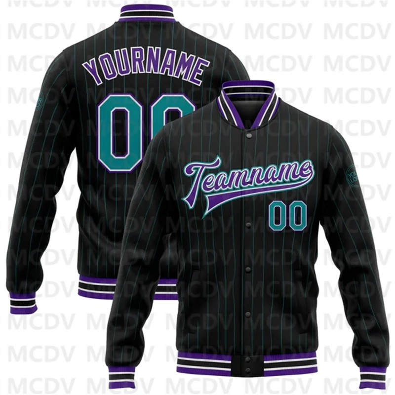 Custom Black Teal Pinstripe Purple Bomber Full-Snap Varsity Letterman Jacket 3D Printed Baseball Button Jacket