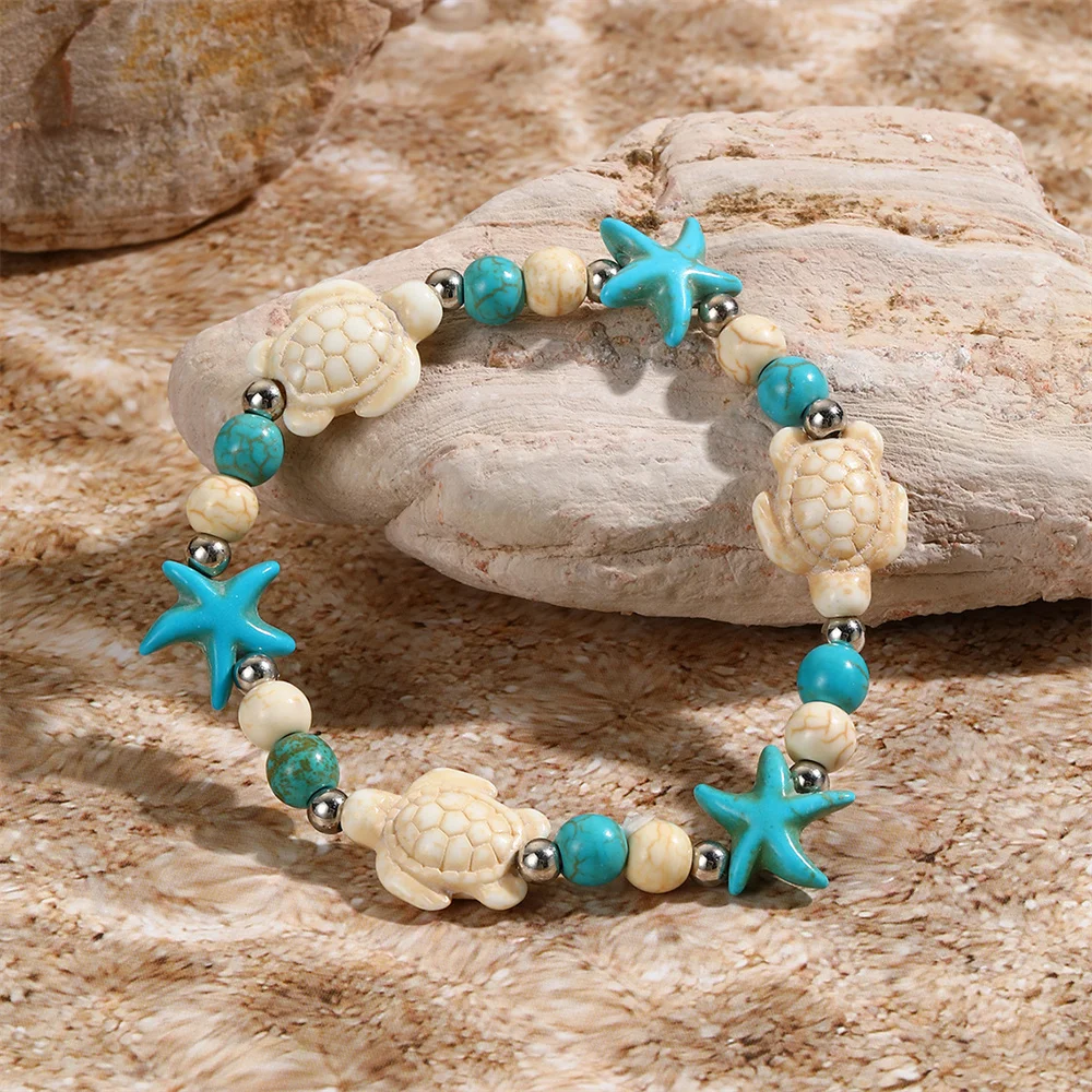 Cute Turtle Starfish Shell Hand Knitting Bracelets For Women Multicolor Sea Star Round Beads Bracelet Jewelry Summer Accessories