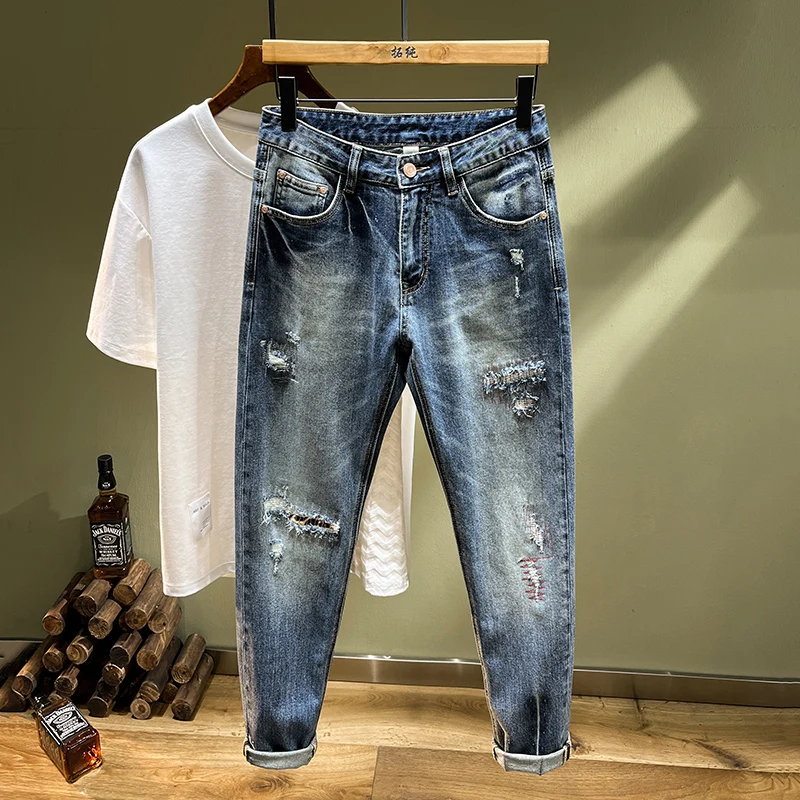 japanese 2000s style y2k men's jeans torn tide elastic Slim embroidery patches casual straight pants pantalones hombre
