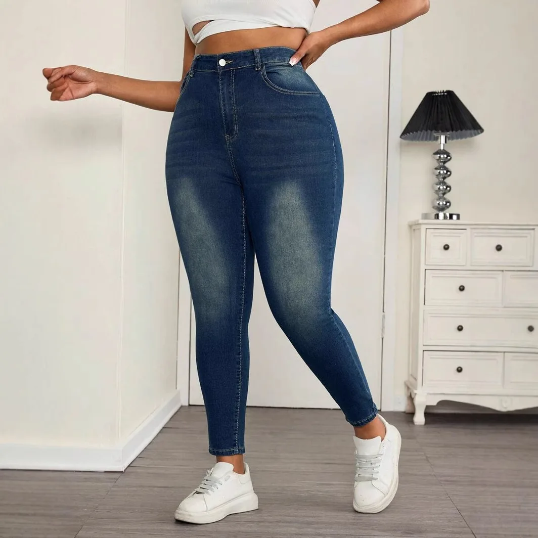Jean en Denim élastique grande taille, coupe cintrée, classique, polyvalent, petit pied, taille moyenne, Long, mélange de coton et de Polyester