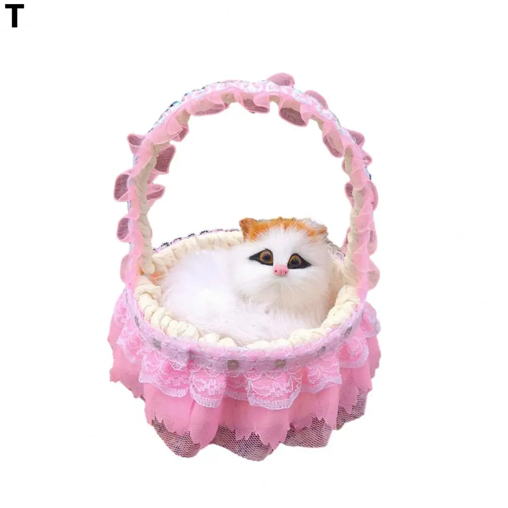 

Cat Toyornament Realistic Cat Toy with Sound Lace Flower Basket Decoration Simulated Fur Kitten Model Ornament for Kids Pet