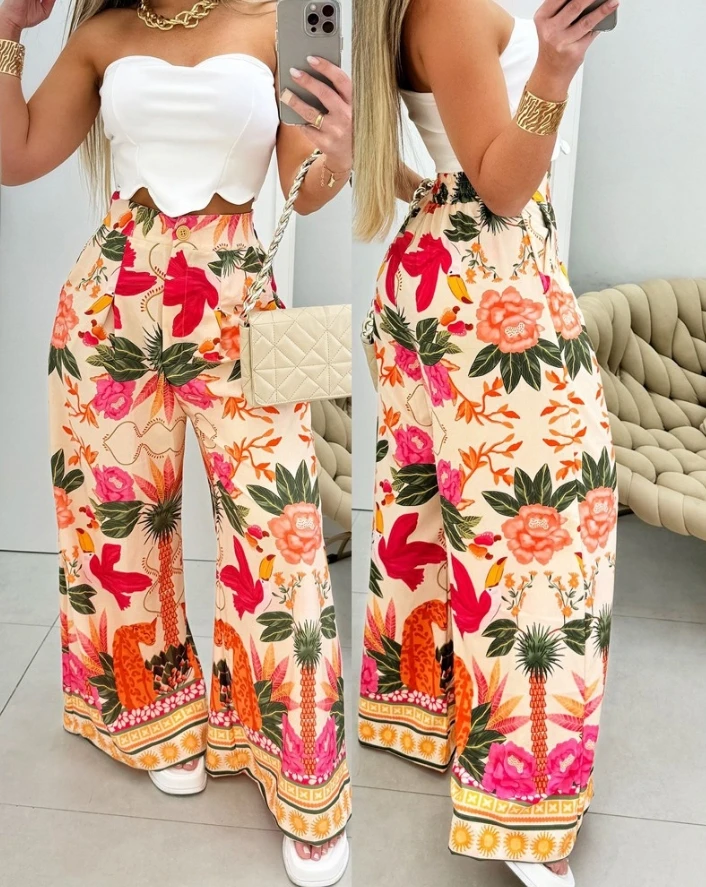 Women's Casual Suit 2024 Summer Latest Bandeau Asymmetric Top & Tropical Floral Animal Geometric Button Print Vacation Pants Set tank tops dotted swiss smocked ruffled chiffon strapless bandeau tank top in pink size s xl