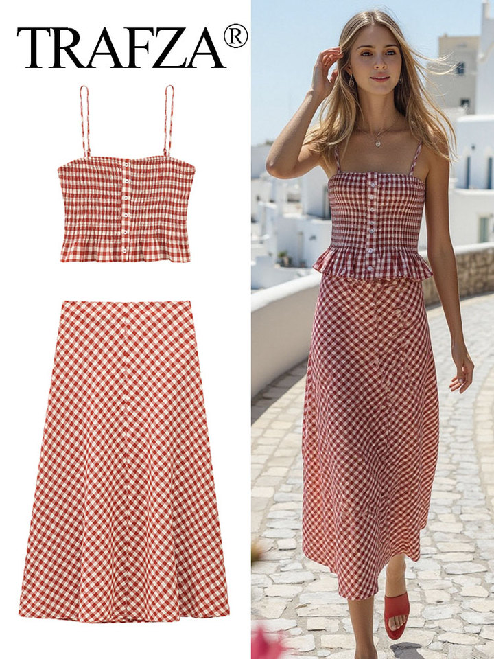 TRAFZA Women Fashion Plaid Top Skirts Sets Strapless Tops Camis Elegant Side Zipper Midi Skirt Summer Y2K Casual Female Clothing
