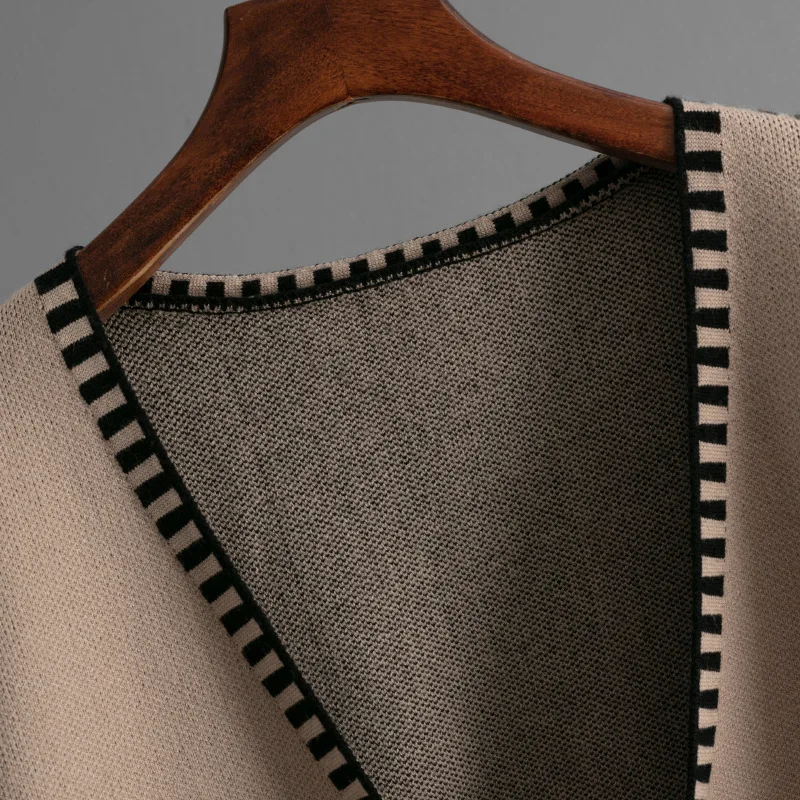 Knit Contrast Cardigan Sweater For Women Lace-Up Pocket Long Sleeve Patchwork Loose Coat Autumn Knitwear Women's Outwear