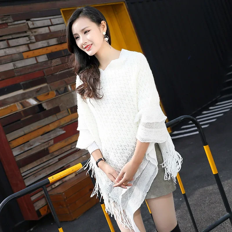 

Spring Autumn New Knitted Cloak Coat Female Tassel Loose Thick Pullover Lazy Sweater Smock Shawl Women Fashion Accessories White