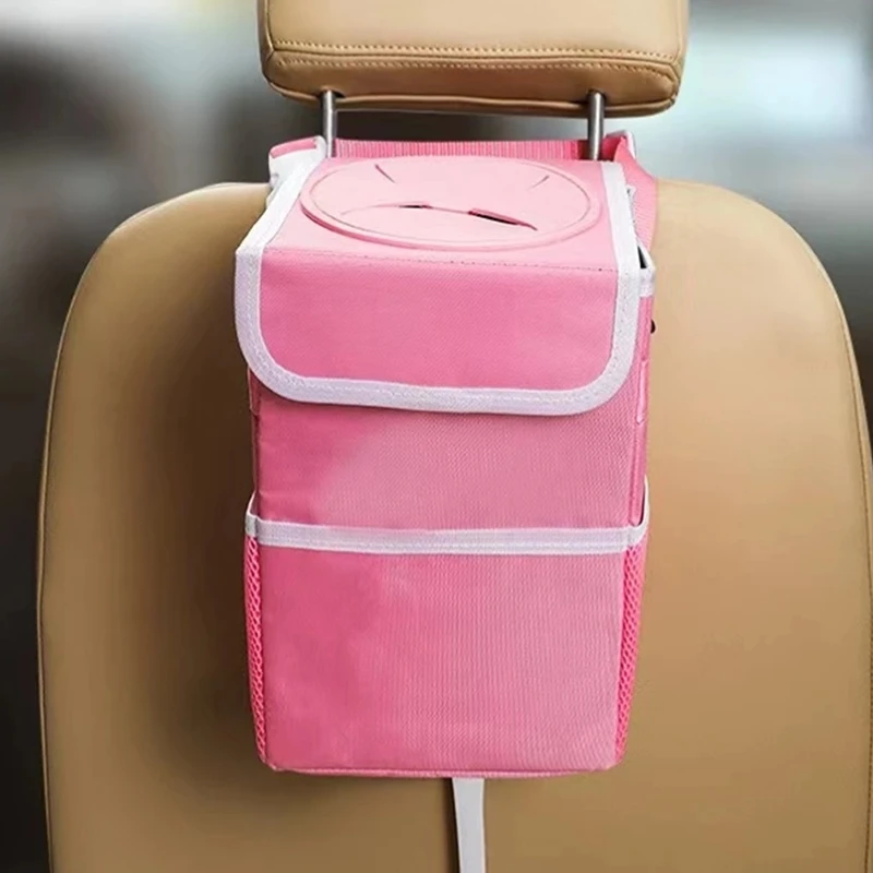 Waterproof Car Trash Can Pink Leopard Print Portable Closeable Organizer Garbage Can Vehicle Supplies Storage Organizer Interior
