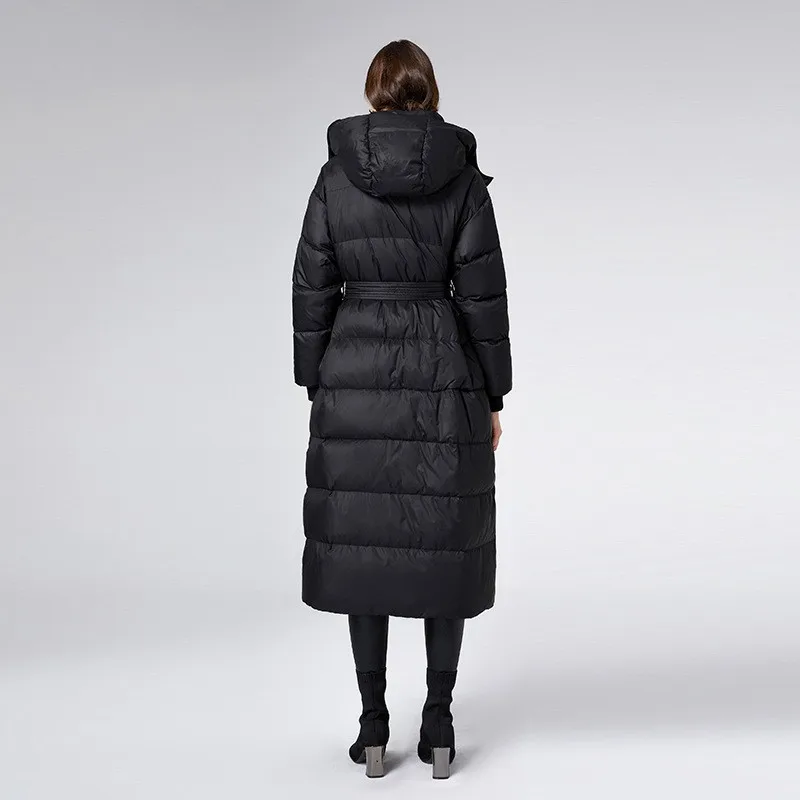 New Down Jacket with Waistband Closure White Duck Down Thickened Hood Black Green Coat for Women