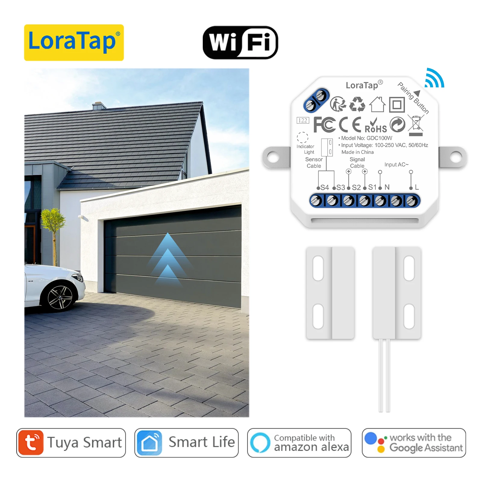 Garage Door Opener LoraTap Tuya Wireless Garage Door Opener Controller Switch Security Protection Early Warning Work with Google Alexa