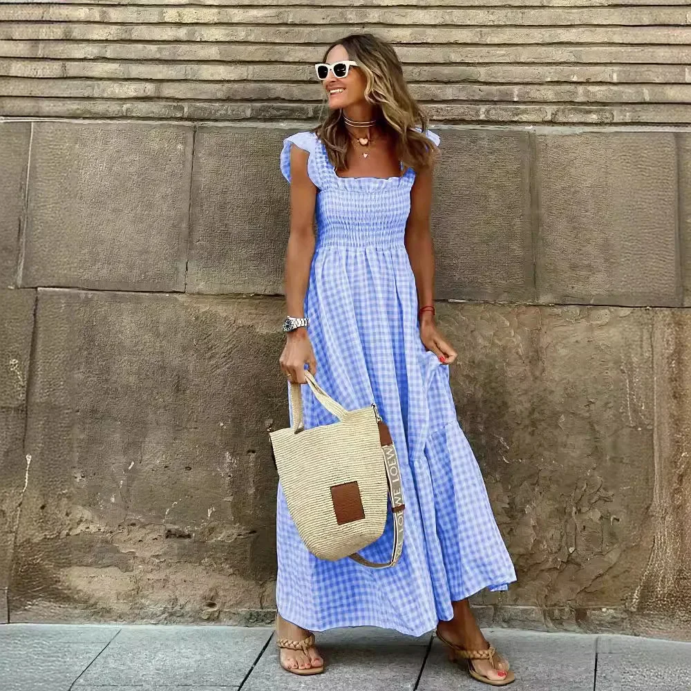 여성 S-2XL 사이즈 민소매 스퀘어넥 하이웨이스트 체크무늬, 루즈한 중간 길이 원피스, 2024 여름 원피스 