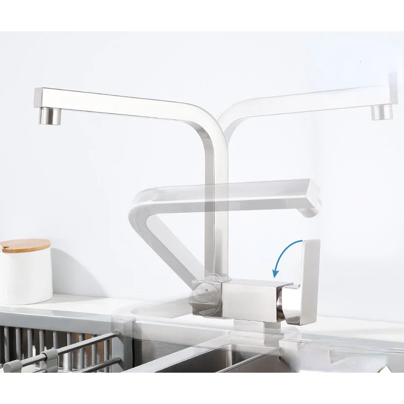 Black Folding Kitchen Faucet Thickened Brushed Square  Hot And Cold Brass Arbitrarily Rotation Vegetable Basin