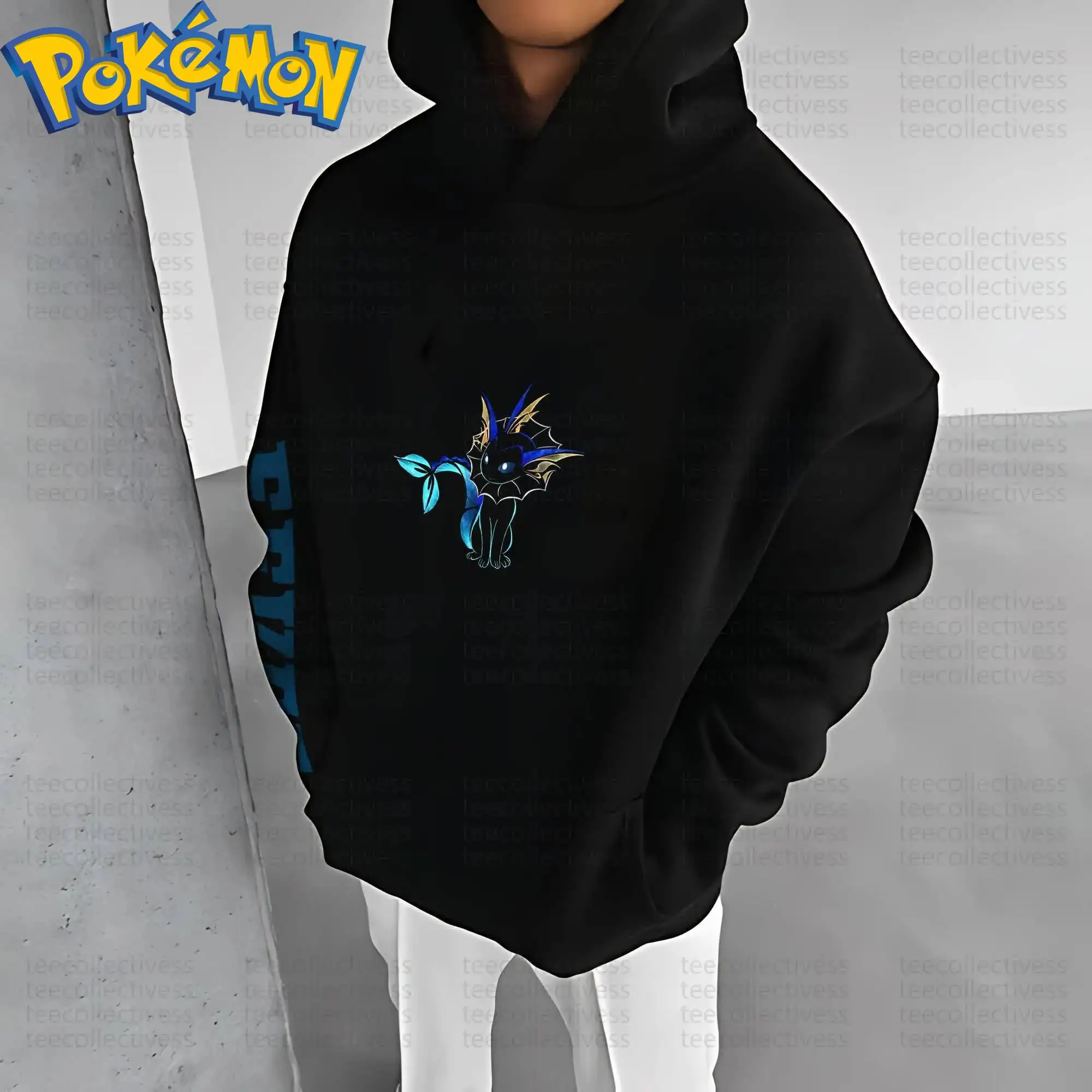 Pokemon Anime Vaporeon Cotton Hoodie Harajuku Pants Set Black Character Print with Blue Yellow Water Splash Effect Pattern