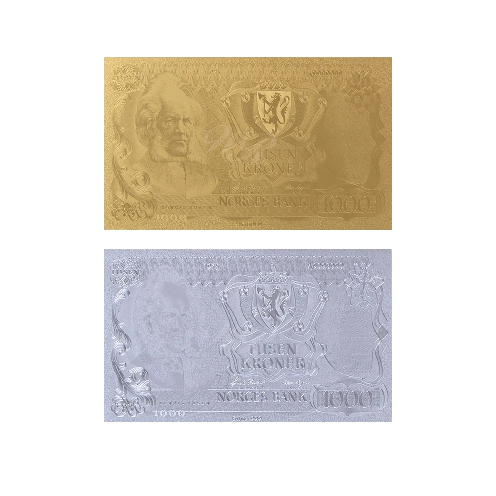 2 Pezzi Norvegia Lamina D'Oro/Argento Banconota Corone 1000 Valuta Denaro Falso Banconota Souvenir Regalo Aziendale Per Collezione Hobby