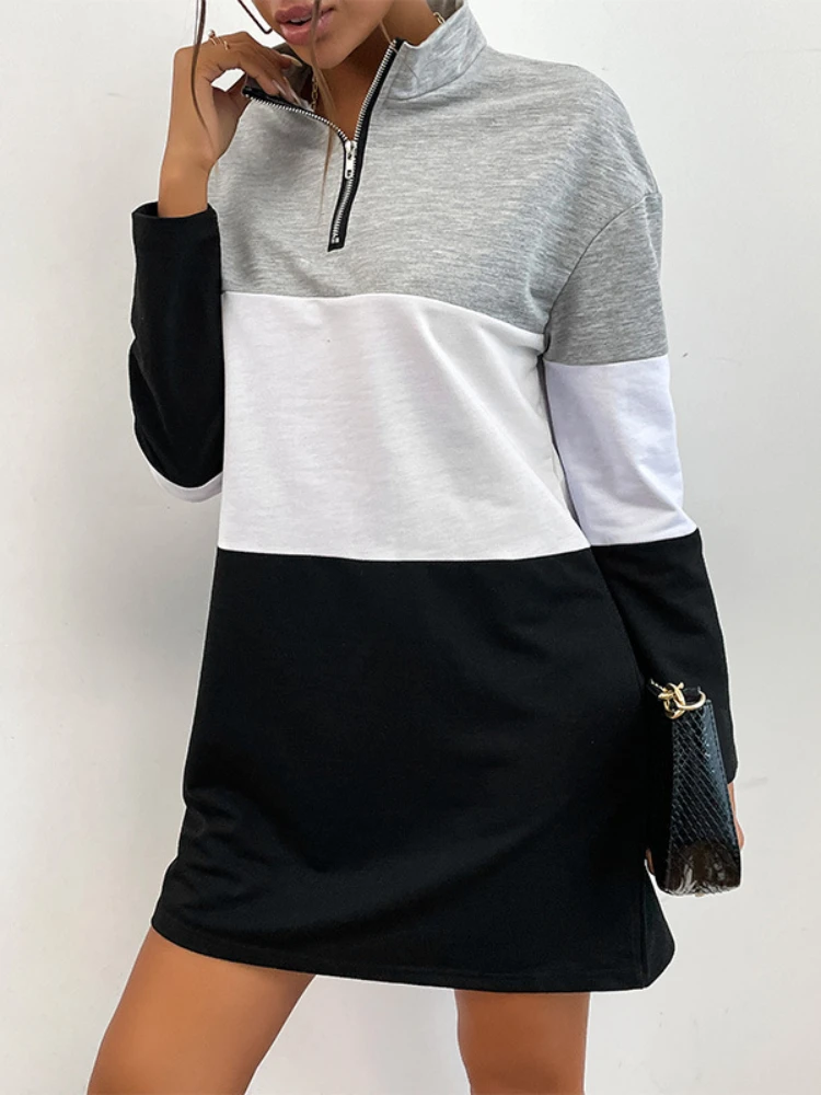 2023 Autumn New Women's Fashion Loose Slim Zipper Collar Sweater Black Temperament Elegant Joker Leisure Splicing Sweater Dress