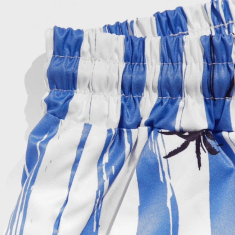 Summer Men Beach Pants Quick Drying Shorts Blue White Stripes Tree Printing Loose Letter Drawstring Swimming Trunks Vacation