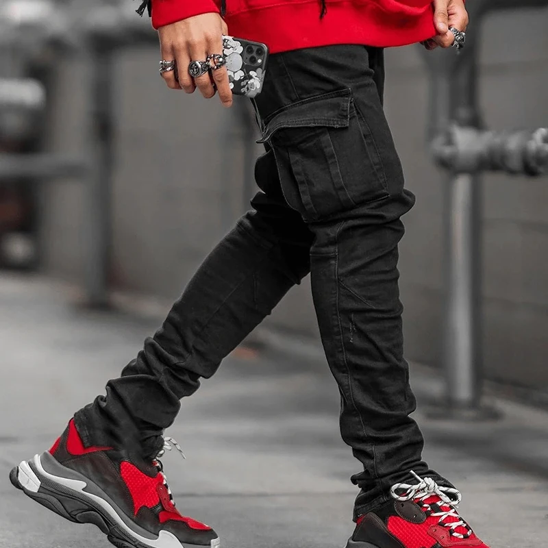 Men's jeans casual cotton jeans multi-pocket denim cargo pants fashion street jeans side pockets men's pencil pants