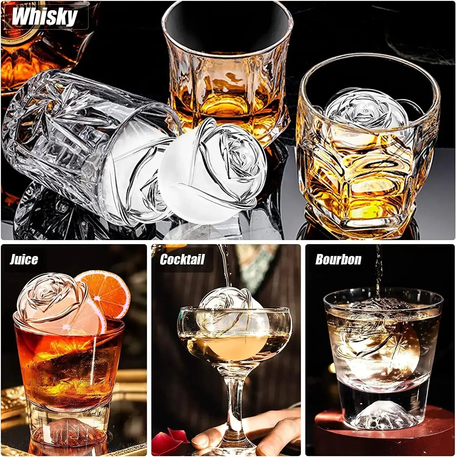 3D Rose Ice Molds 2.5 Inch, Large Ice Cube Trays, Make 4 Giant Cute Flower Shape Ice, Silicone Rubber Fun Big Ice Ball Maker 4