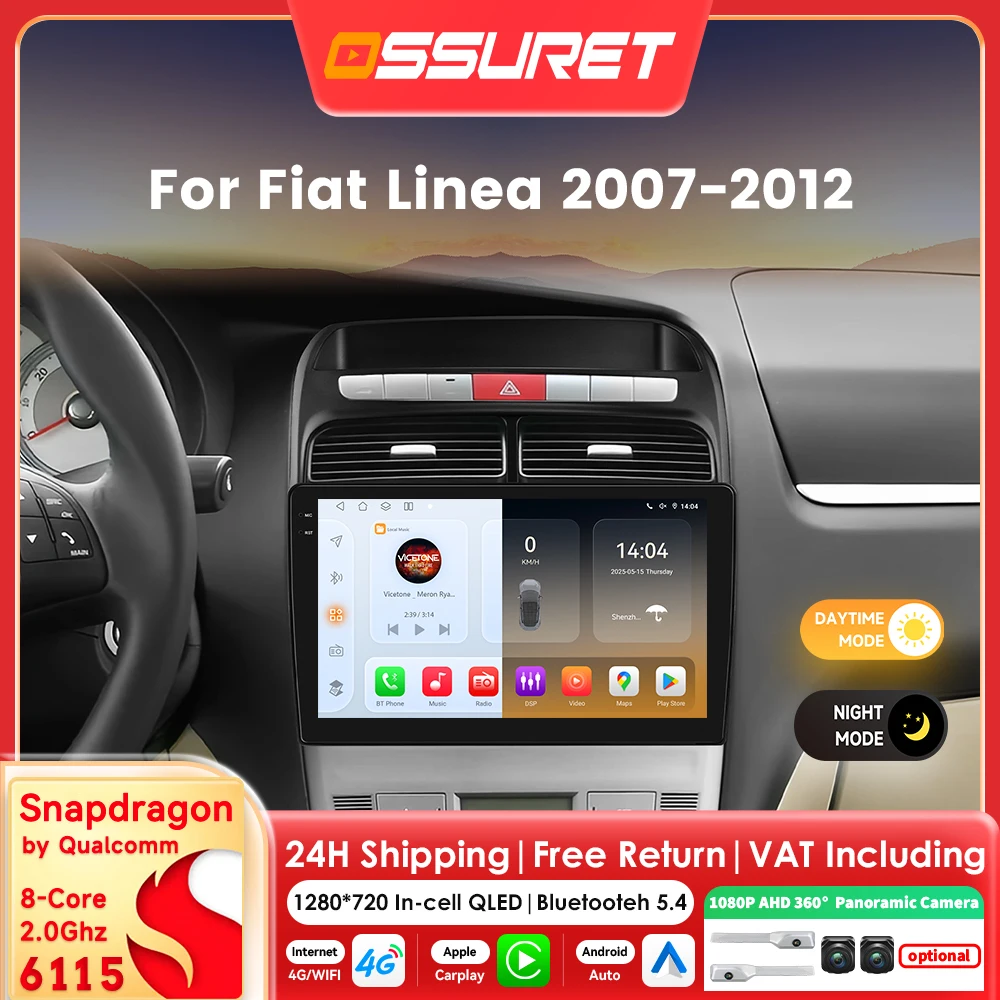 Radio samochodowe Snapdragon 6115 Carplay Android 14 Auto do Fiata Linea 2007-2012 Autoradio GPS Kamera 360 Multimedia 2din RDS Ekran