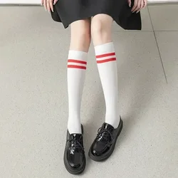 Japanese Striped Cotton Knee - High Socks for Women and Girls - Black & White (White red -1pair)
