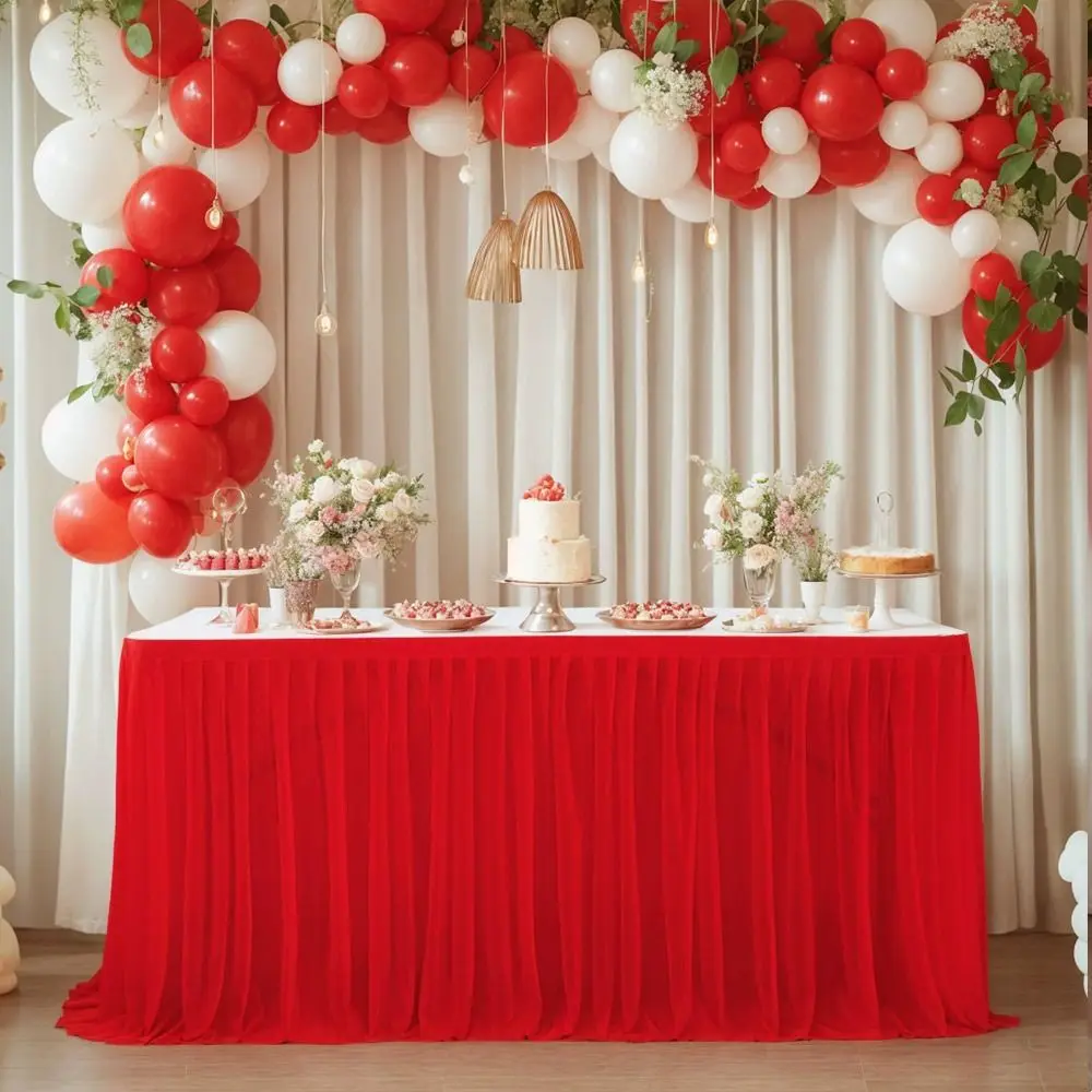 Glitter Pearl Chiffon Guaze Ruffle Dining Table Skirt Thin 6FT Gauze Wedding Table Curtain Reusable Tablecloths
