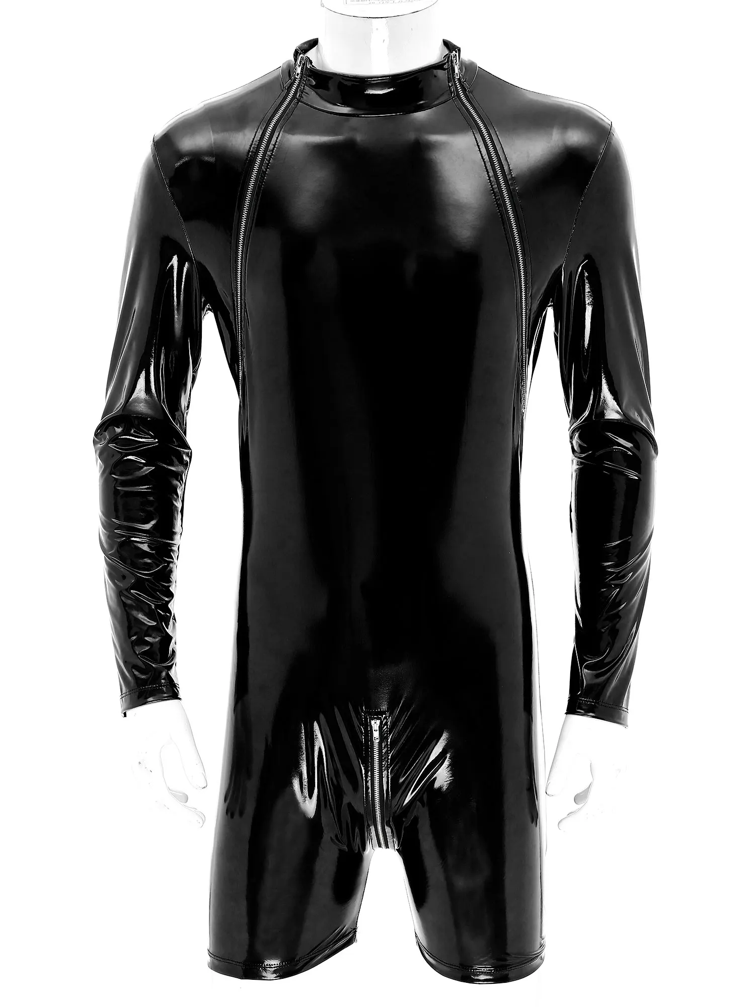 Men Bodysuit Jumpsuit Latex Leotard One Piece Wet Look PVC Leather Zipper Crotch Long Sleeve Wrestling Singlet Clubwear