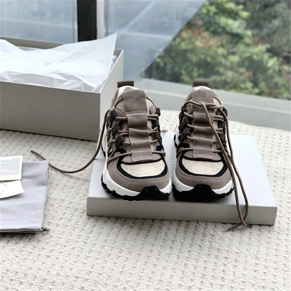 

B*C Women's Lace Up Sneakers High Quality Suede And Cotton Canvas Runners 2024 New Luxury Design Shoes