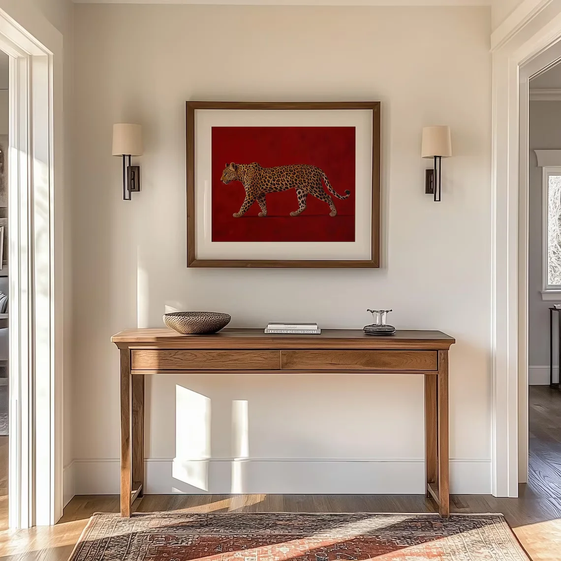 Red Leopard Oil Painting - Framed Poster, Burgundy Vintage Artwork, Luxe Masculine Decor