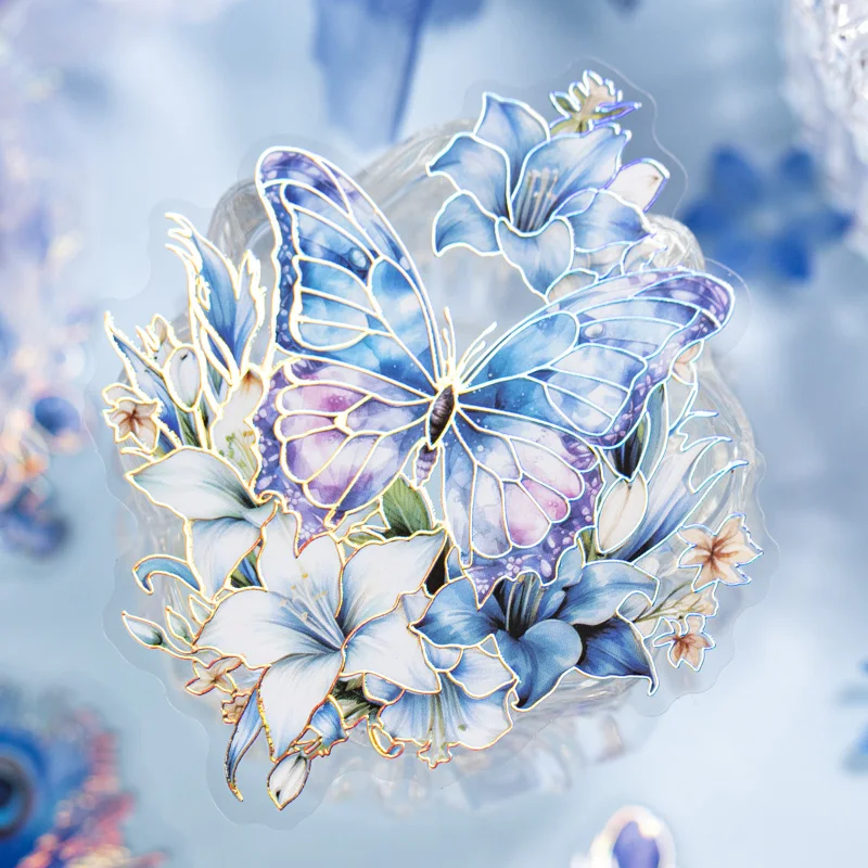 

Blue Flowers And Other Themes Silver Stamping Laser Stickers Decor Scrapbooking Material Aesthetic Phone Waterproof Art Labels