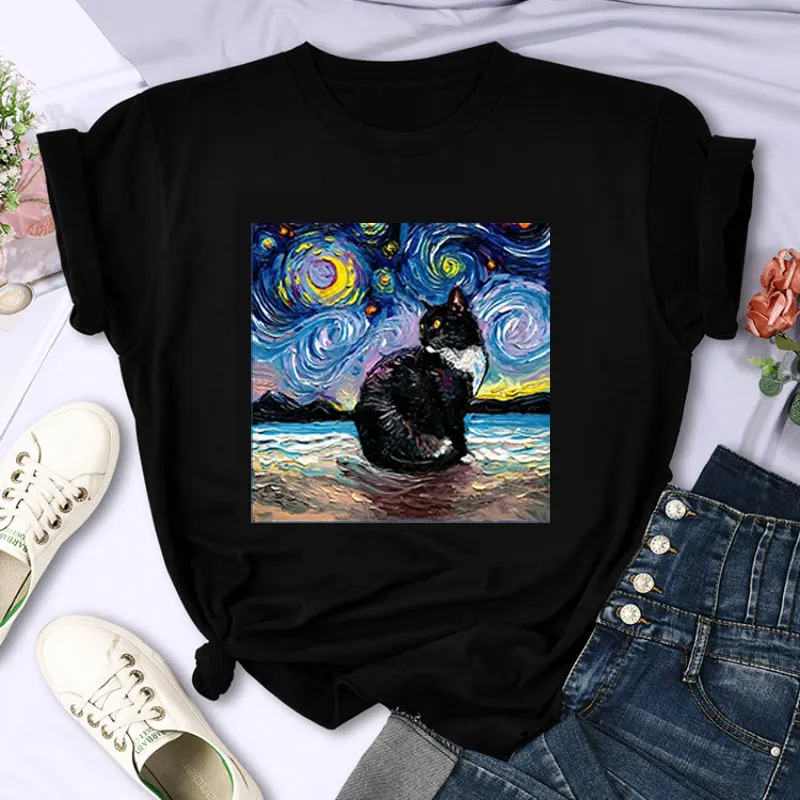 

Van Gogh Starry Sky Cat Humor Style Printed T-shirt Fashion Women Tshirt Women'S Short-sleev Tshirt Funny Humor Style Women Tops