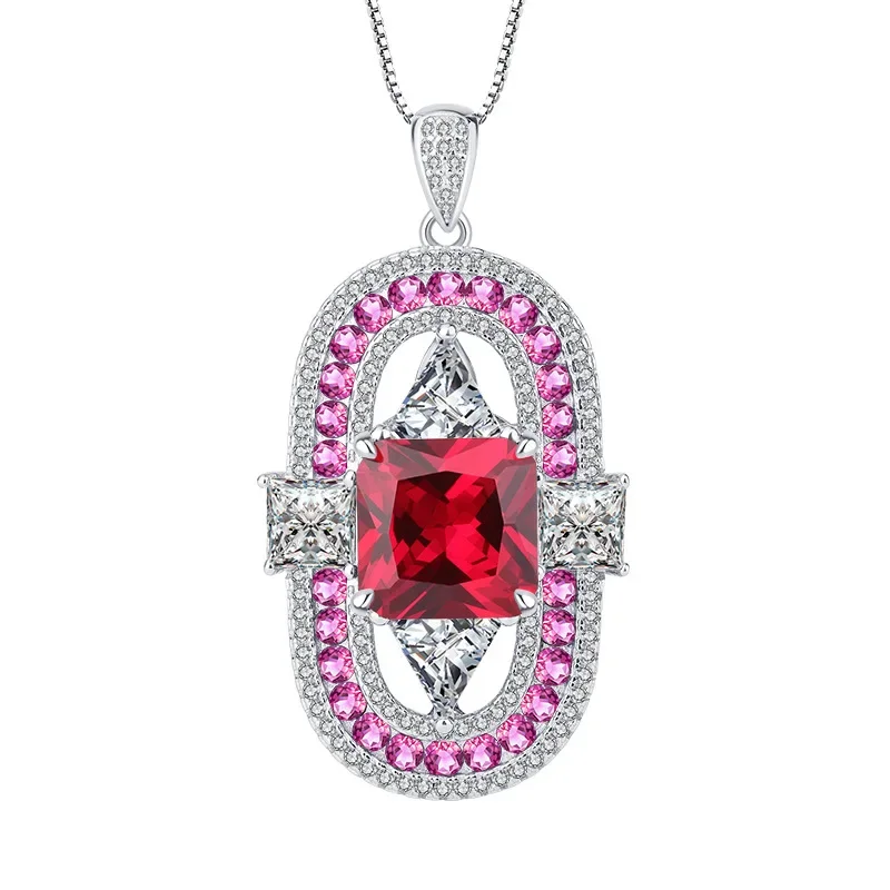 S925 Silver Green Red Corundum Vintage Square Plate Pendant Necklace Main Stone 12 * 12 Wedding