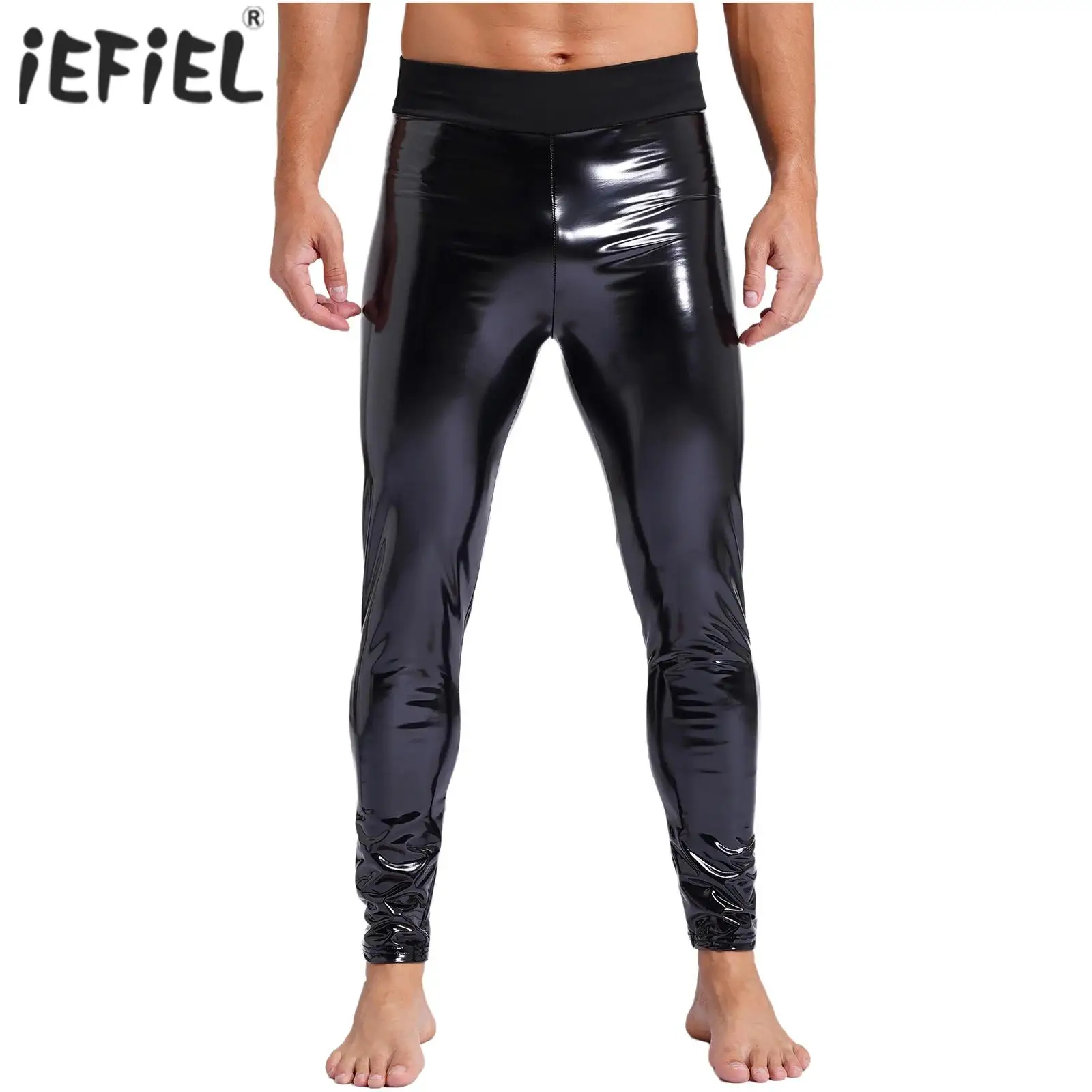 Leggings elasticizzati da uomo Pantaloni skinny Pantaloni lunghi in lattice di pelle verniciata moda Vita alta Abiti da festa rave Look bagnato Clubwear