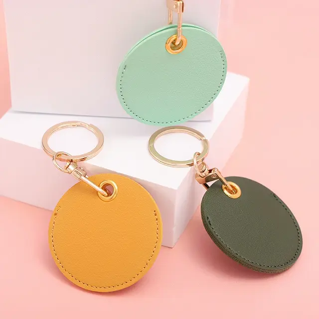 Small Round Mirror Keychain PU Leather Key Chain Car Bag Key Ring For Women  Jewelry Gift Wallets Holder Key Case S394